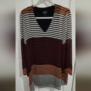 ECI Women's Striped V-Neck Top - Black, White, Burgundy, and Orange